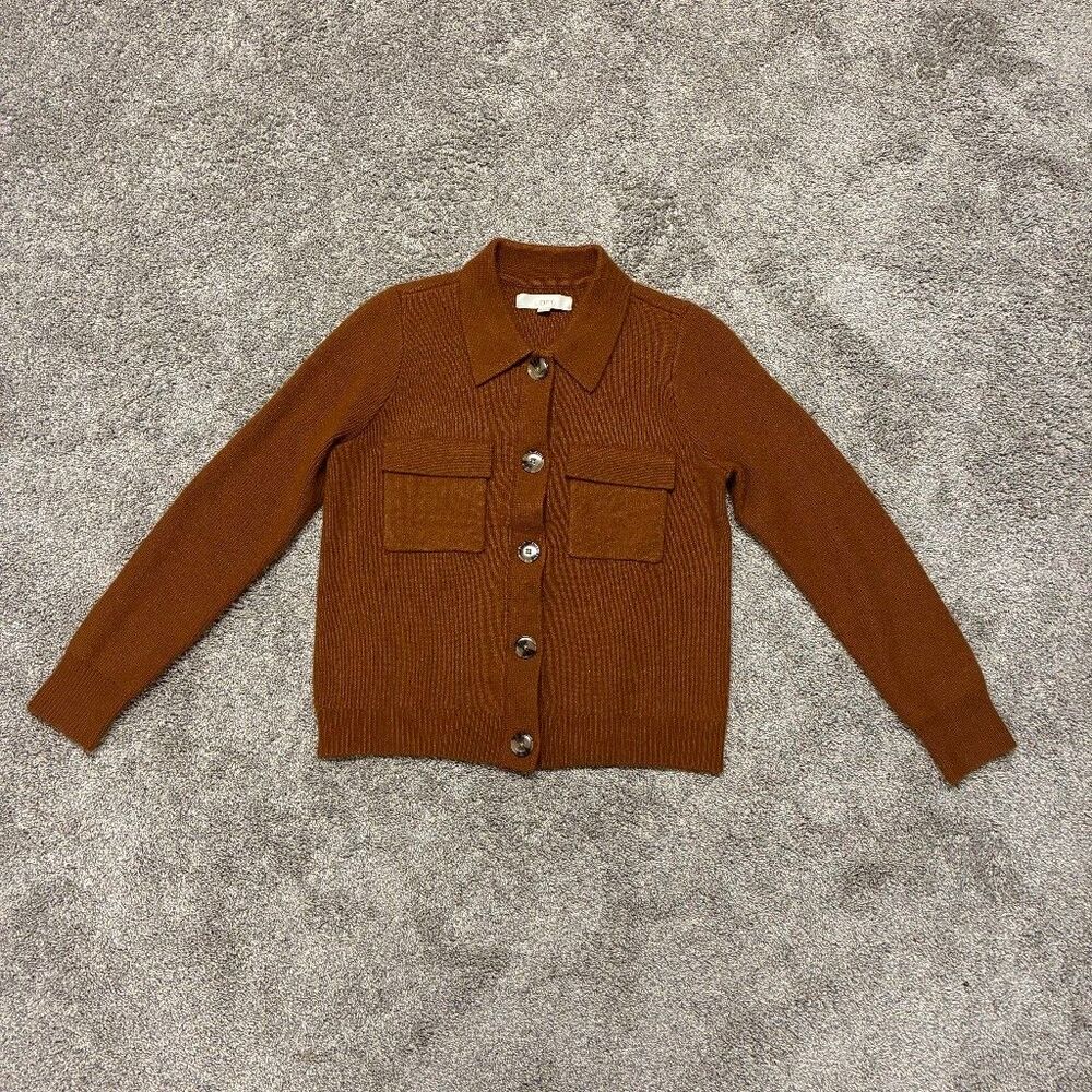 LOFT Button Down Knit Cardigan Small Rust Brown Pocket Preppy Old Money Luxury